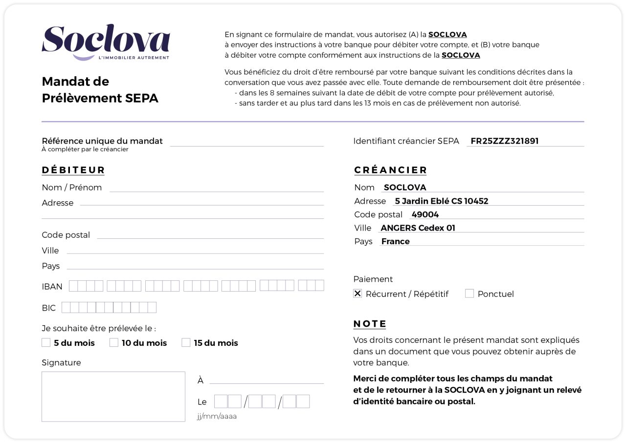 Soclova Mandat Prelevement SEPA