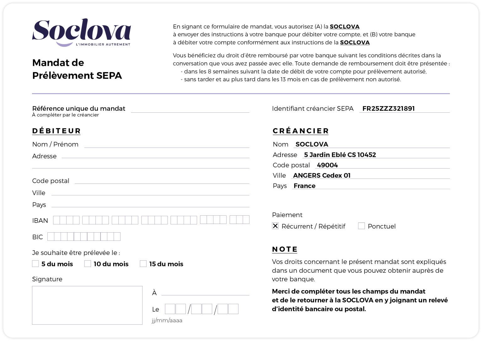 Où trouver un mandat de prélèvement SEPA ? Soclova